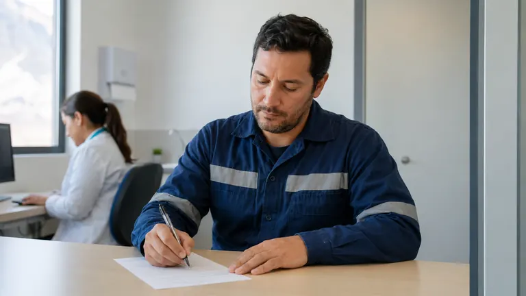 Trabajador completando test escrito